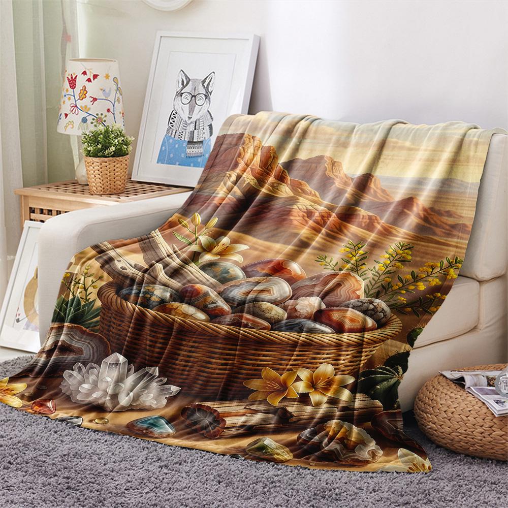 1PC Desert Mountain Print FlAannel Blanket, High Quality Comfortable for All Seasons, Home Decor, Warmth and Comfort