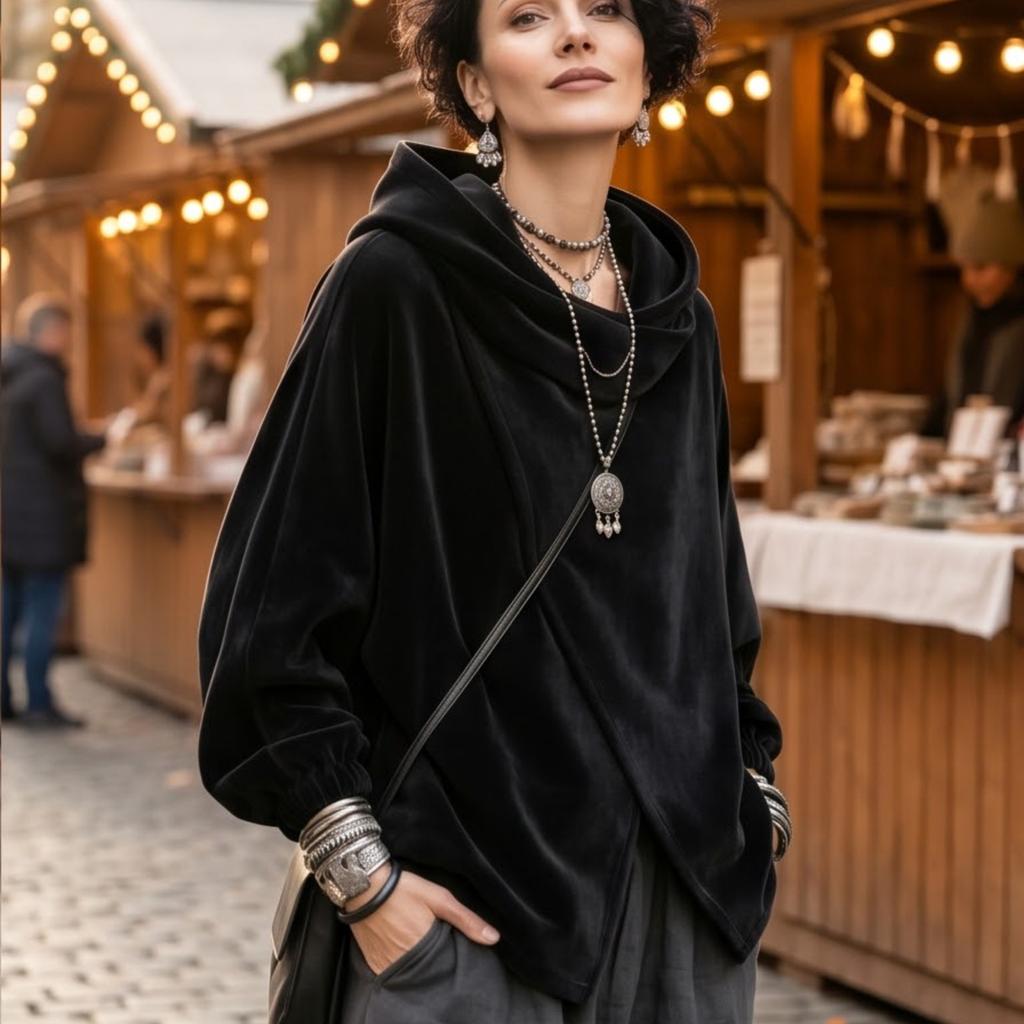 Women's Hooded Cape- Casual Jacket with Asymmetric Cross Hem for Everyday Wear