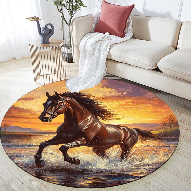 Galloping Horse Round Area Rug,Carpet Rug for Living Room Bedroom Sofa Playroom Decor,Non-slip Floor Mat