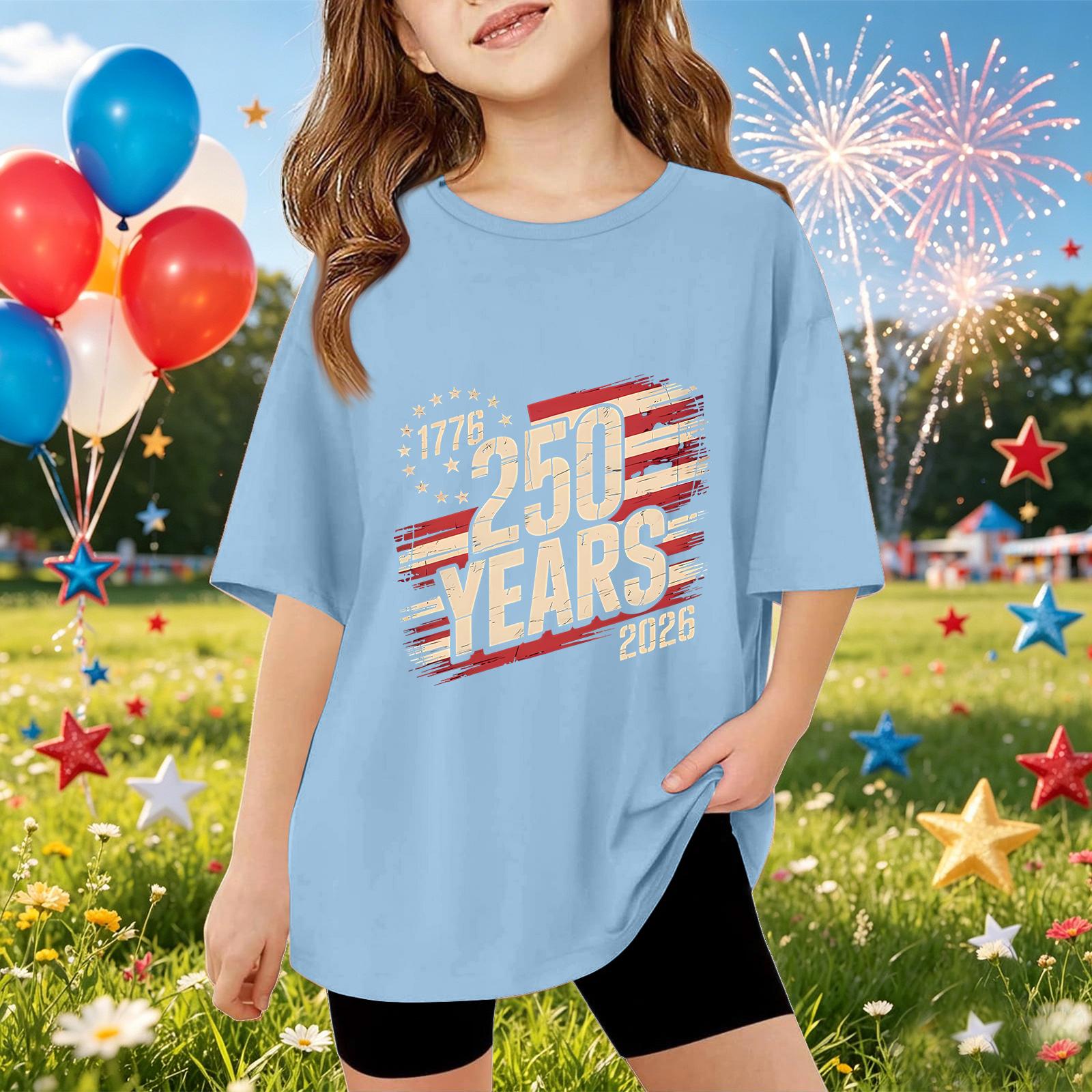 

Kids Short Sleeve T Shirt 250 Years Commemorative Graphic Tee Independence Day 1776 2026 Casual Fit Cotton Top for Boys and Girls 150 синий