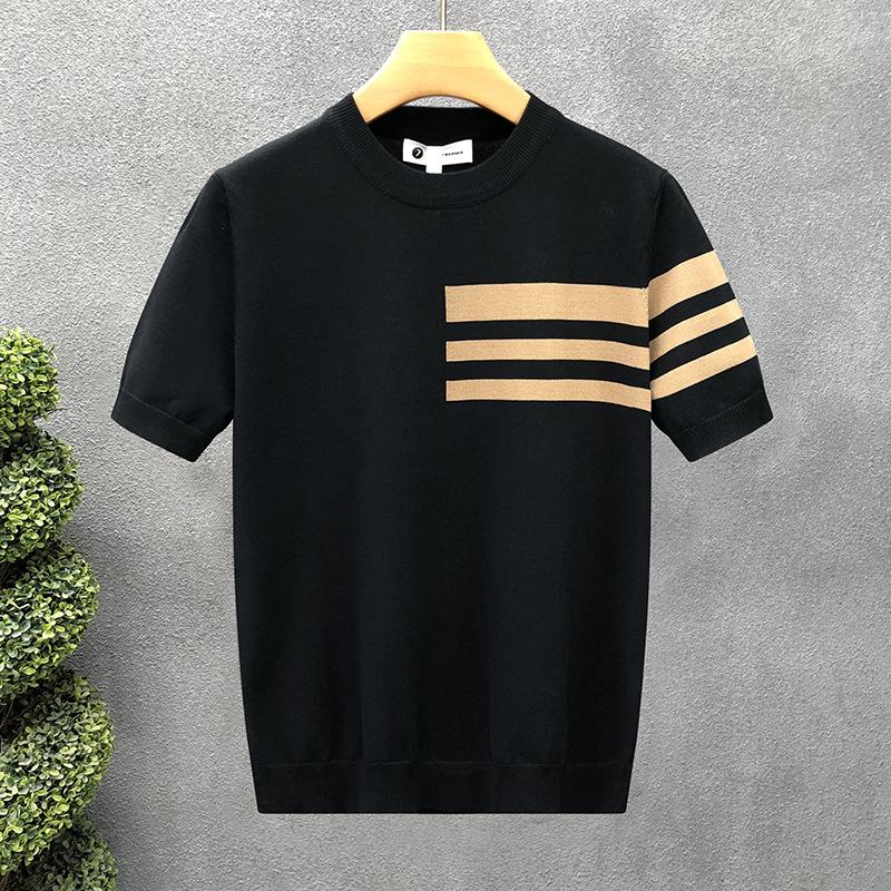 Summer new short-sleeved sweater men's striped simple business light mature slim ice silk T-shirt
