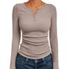 Damen Langarm Schlank Passend Uni Gerippt Gestrickt Geknöpft Basis Schicht T-Shirt
