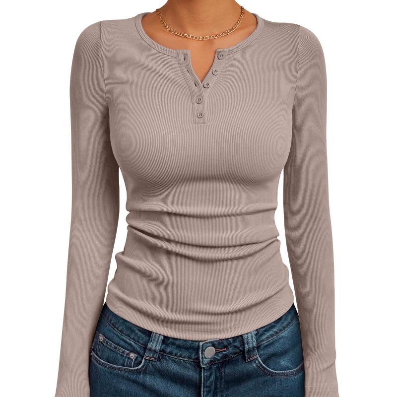 Damen Langarm Schlank Passend Uni Gerippt Gestrickt Geknöpft Basis Schicht T-Shirt