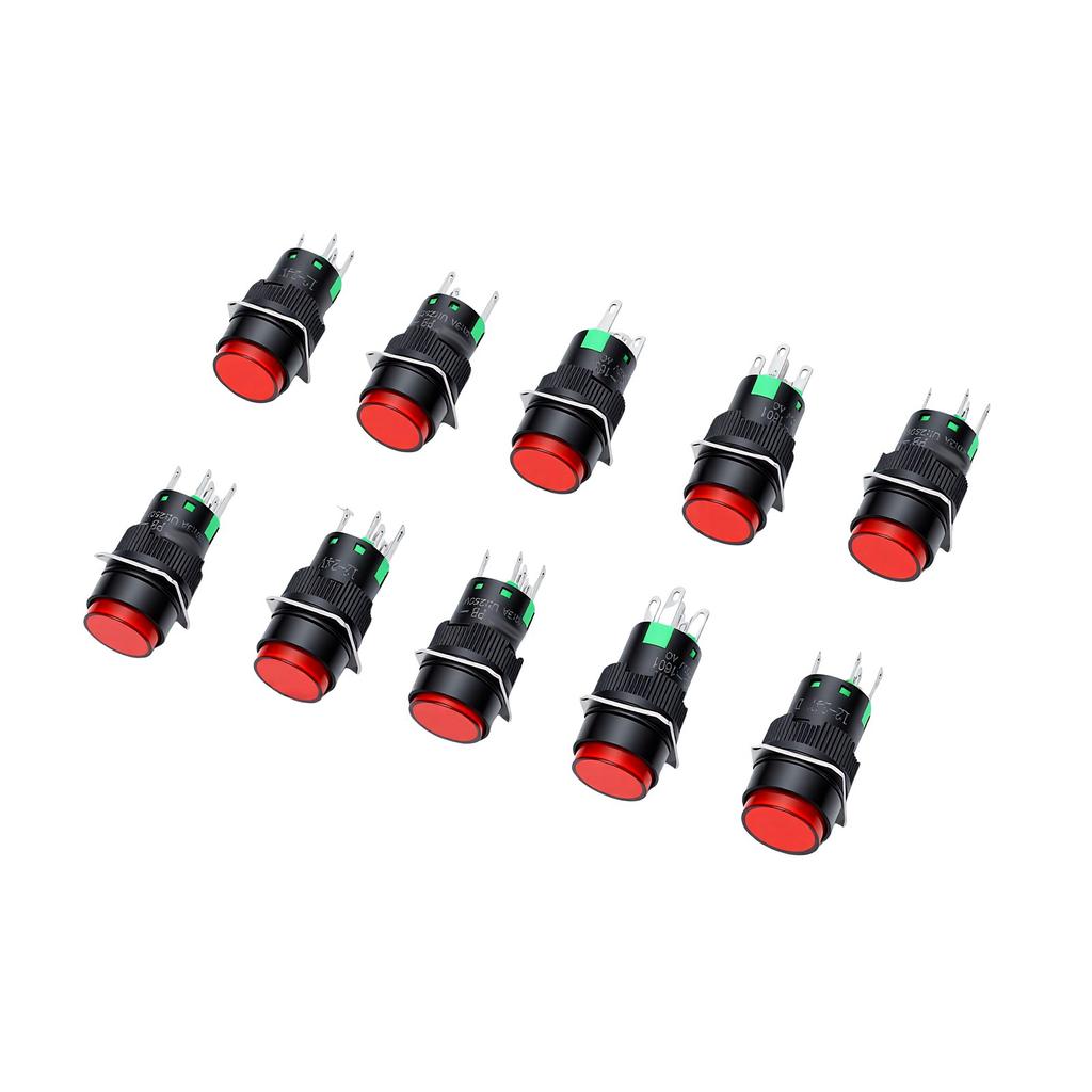 10PCS Round Illuminated Push Button Switch 16mm 5Pin Green Reset Button Control Switch with LED Indicator