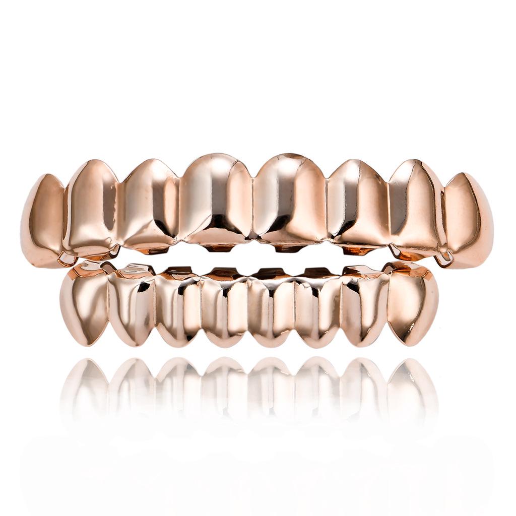 New HIP HOP Grillz Brass Gold Plated Set Plain 8 Teeth Top Bottom With Gold Rose Gold Silver and Black Grillz Teeth Body Jewelry
