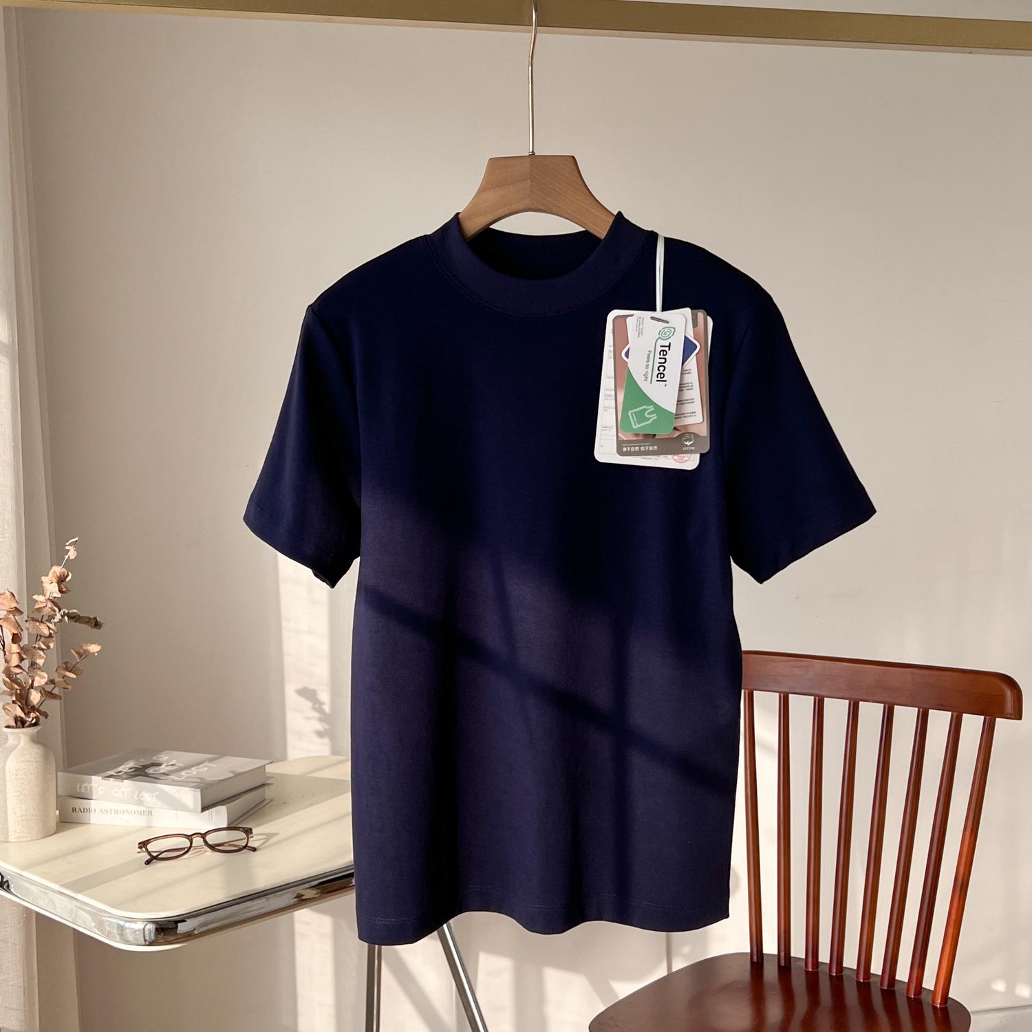 Soft Orchid Cotton Modal Stand Collar T-shirt, Women s Round Neck Short Sleeve Top Extra Large темно-синий
