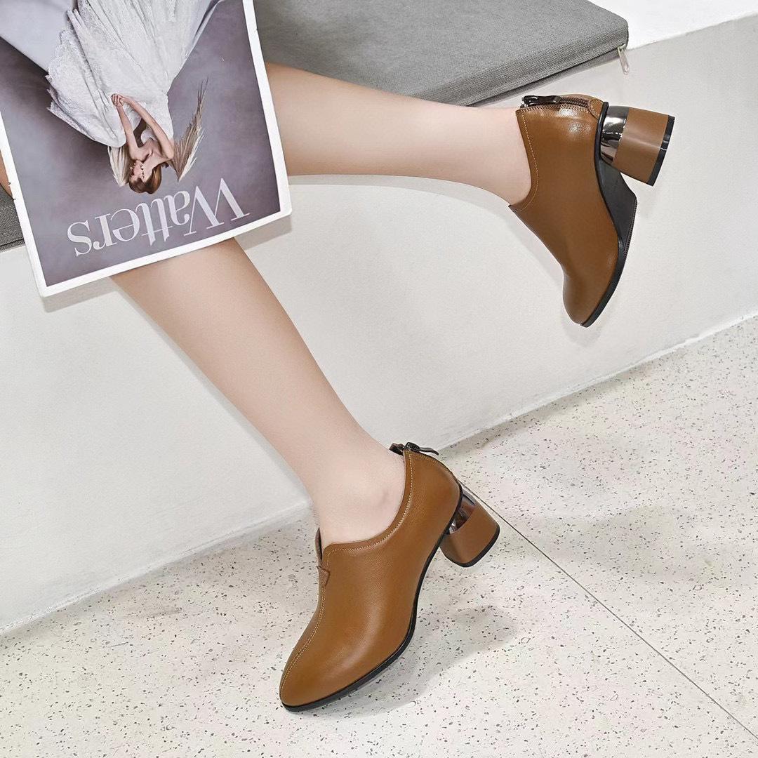 

тупой носок глубокий вырез одинарные туфли женская обувь весна новые модели первый слой коровьей кожи задняя молния толстый каблук средний каблук модная обувь 40 хаки