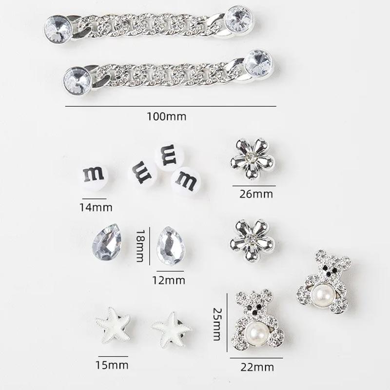 14PCS Fashion Shoe Charms Set Accessories Hole Shoe Buckle Cute Bear Rhinestone Chain DIY 3D Shoes Decorations