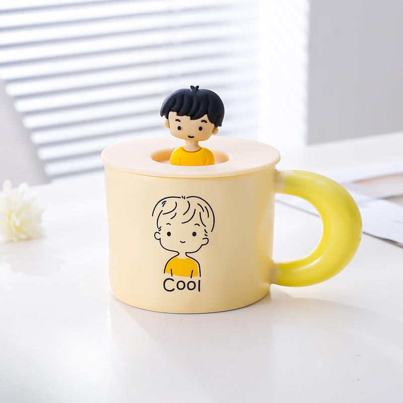 Korean Cute Cartoon Character Mug Pink Girl Heart Ceramic Cup Water Cup with Lid Coffee Cup Couple Cup