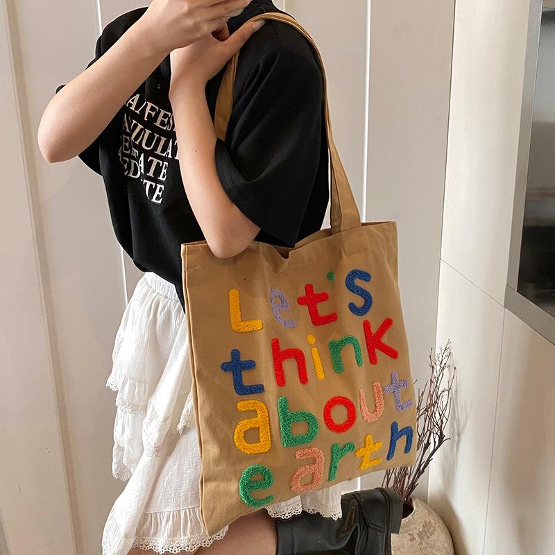 2025 New Shoulder Canvas Bag Ins Style Versatile Tote Bag Casual Commuting Simple Embroidered Letter Big Bag