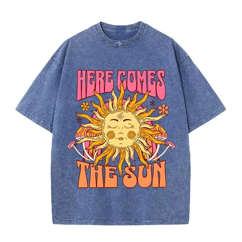 Vintage Black "Here Comes The Sun" T Shirt Retro Psychedelic Sun Acid Wash Tee