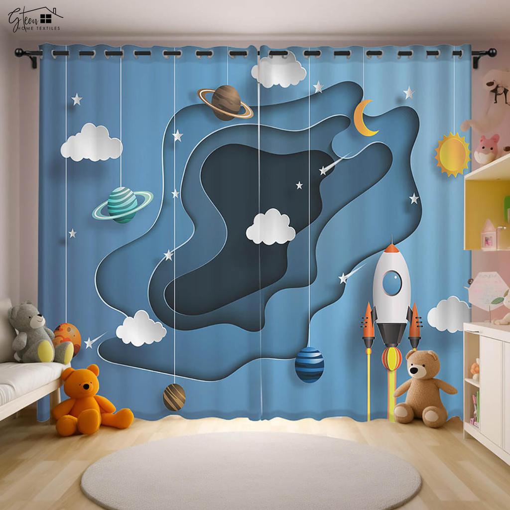 Niedliche Cartoon Universum Sternenhimmel Astronauten Druck Vorhänge Kinderzimmer Dekorative Vorhänge Kioom Wohnzimmer Küchenvorhänge