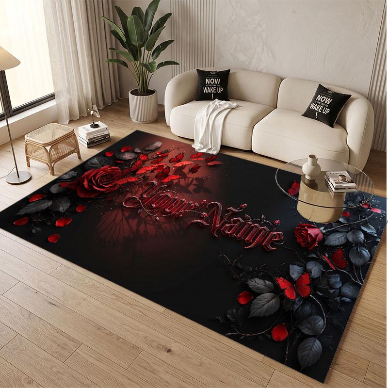 Rose Floral Theme Soft Crystal Velvet Rug Custom Name & Text Print Non Slip Floor Rug for Bedroom Living Room