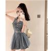 Petite Slimming Sleeveless Retro Denim Dress - Waist-Cinched Pleated Summer Skirt