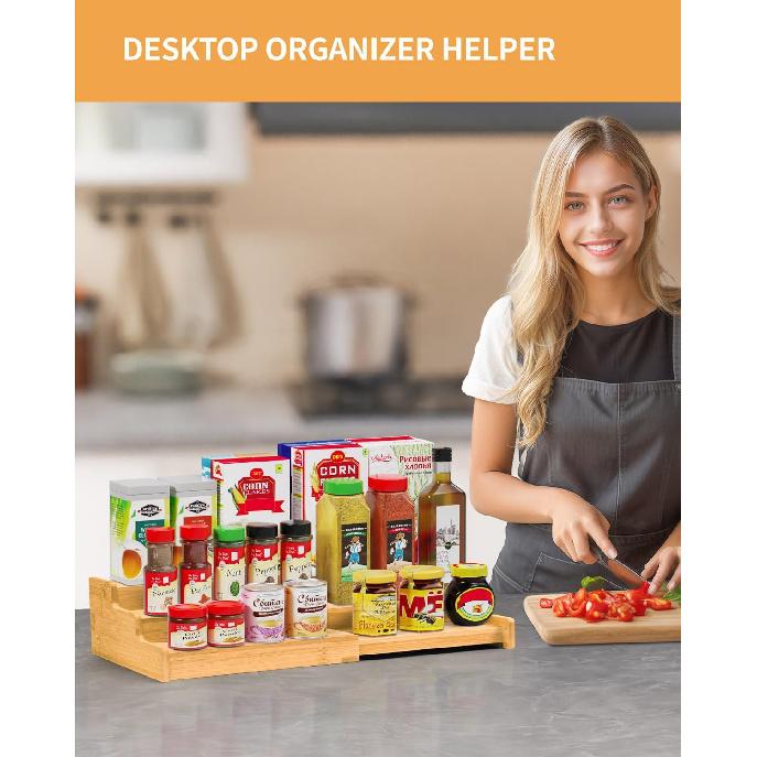 Spice Rack Organizer, 3 Tier Expandable Bamboo Spice Rack Organizer, Great for Kitchen Cabinet, Cupboard, Pantry and More-Bamboo
