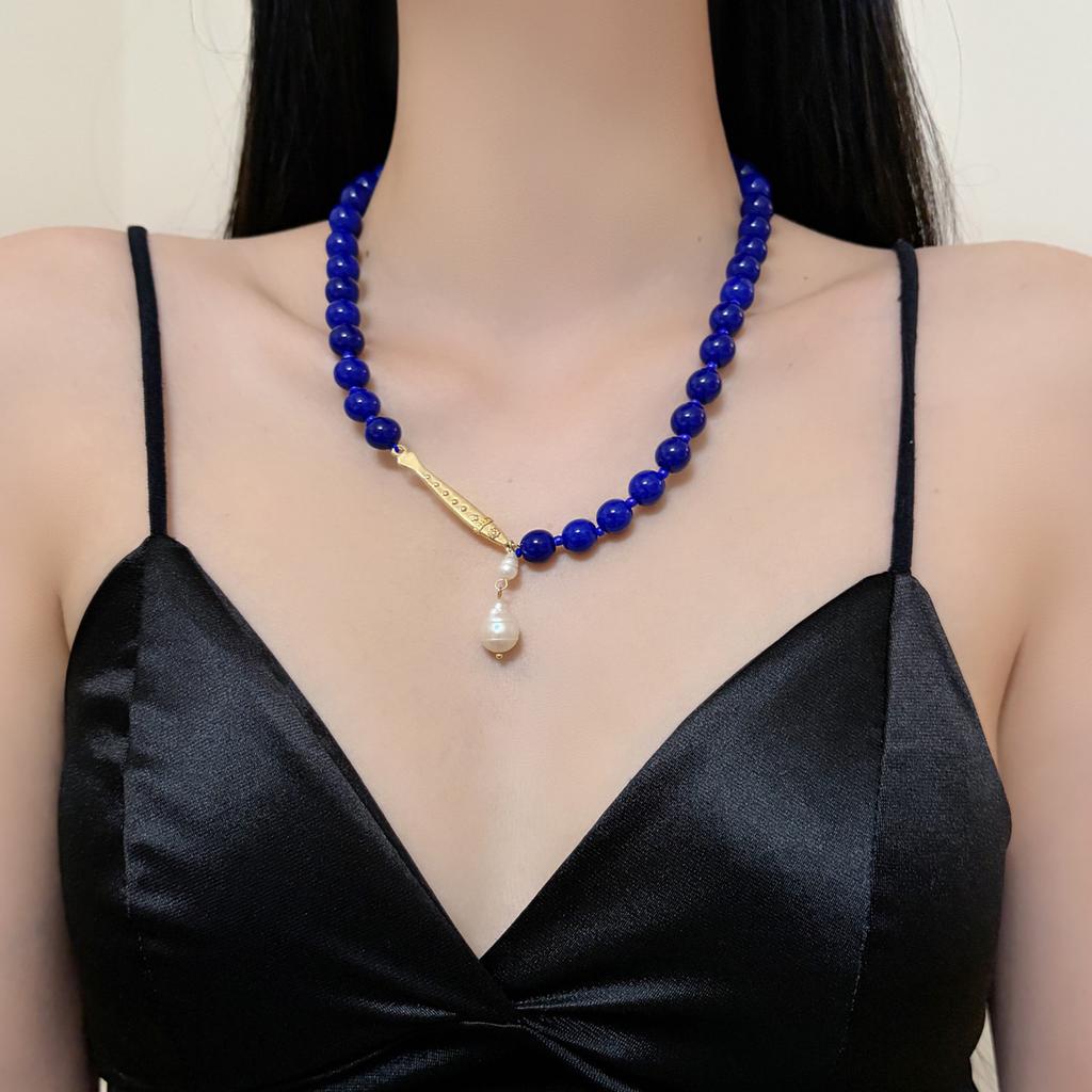 Vintage Fish Baroque Pearl Pendant Necklace Lapis Lazuli Color Beaded Choker for Women Party Trendy Jewelry Accessory Gifts