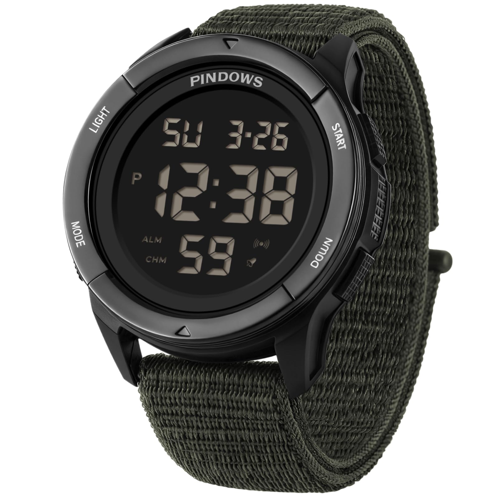 PINDOWS Digital Sport ABS Nylon Strap with Velcro 50M Water LED Large Suitable for Outdoor and Black Men s Watch, Case, Ultra-lightweight, Shockproof,