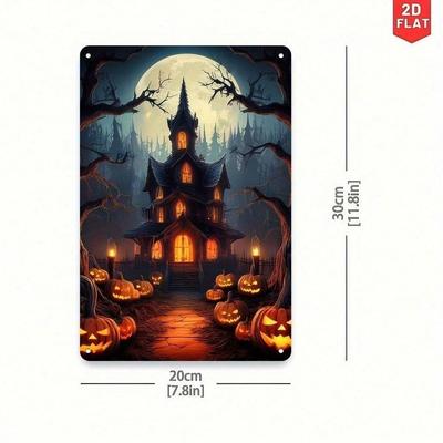 Gothic Halloween Metal Poster Pumpkin Ghost House Vintage Wall Art Decor 20x30cm