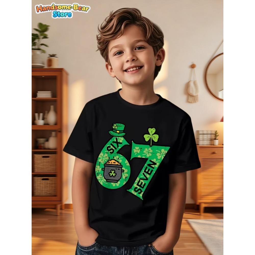 Six Seven Bruh 67 Meme Kids Clothes Happy St. Patrick's Day Girl Boy T-Shirt Children's Clover Irish Day Crew Neck Short Sleeves
