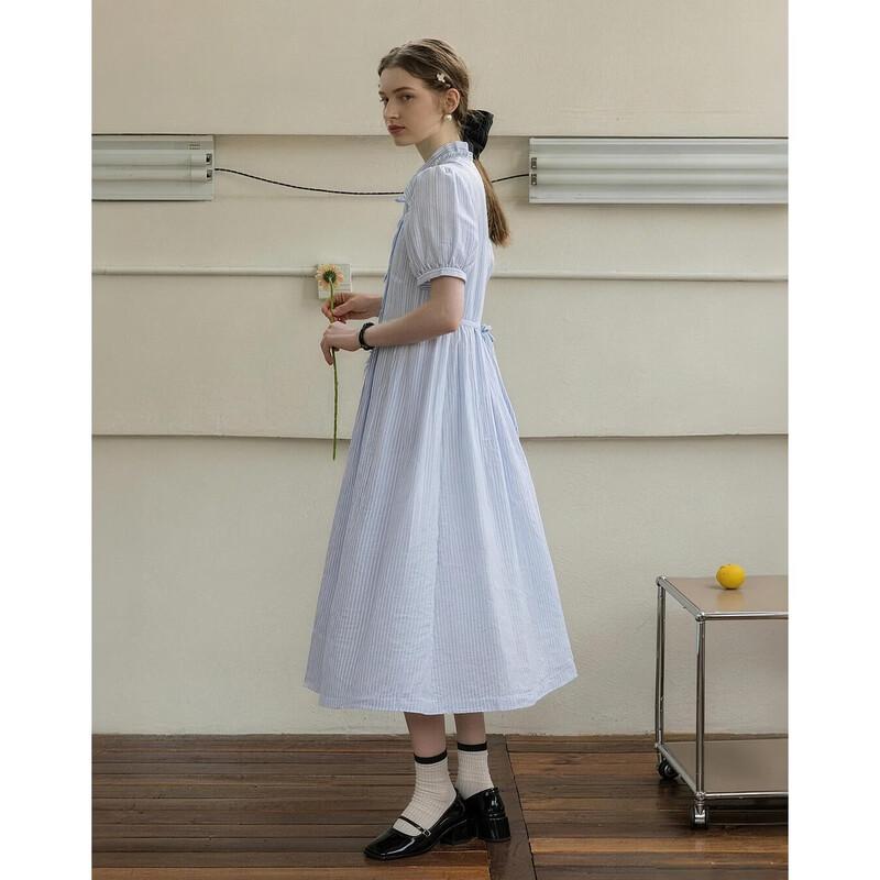 French Romance Striped Ruffle Stand-Up Collar Dress