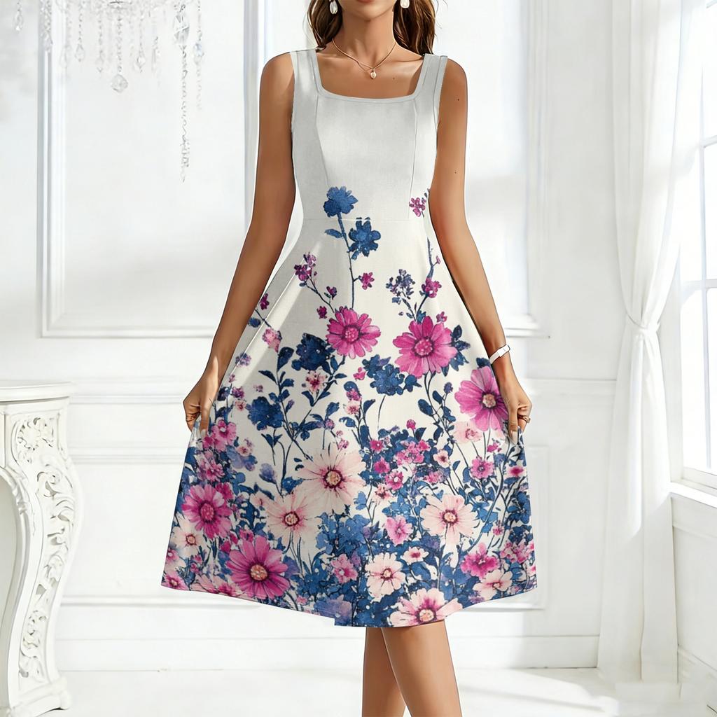 Ladies' Square Neck Floral Sleeveless Dress with a Large Swing