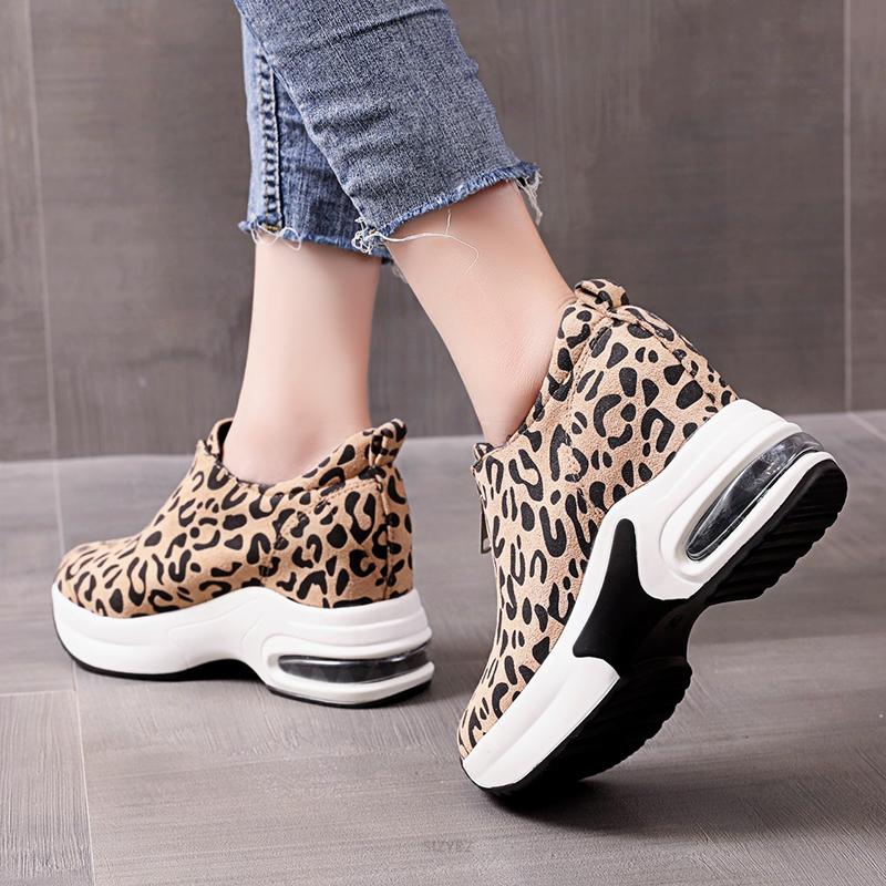 Women's Suede Platform Wedge Sneakers Hidden Heel Height Increasing Slip On Leopard Print Shoes