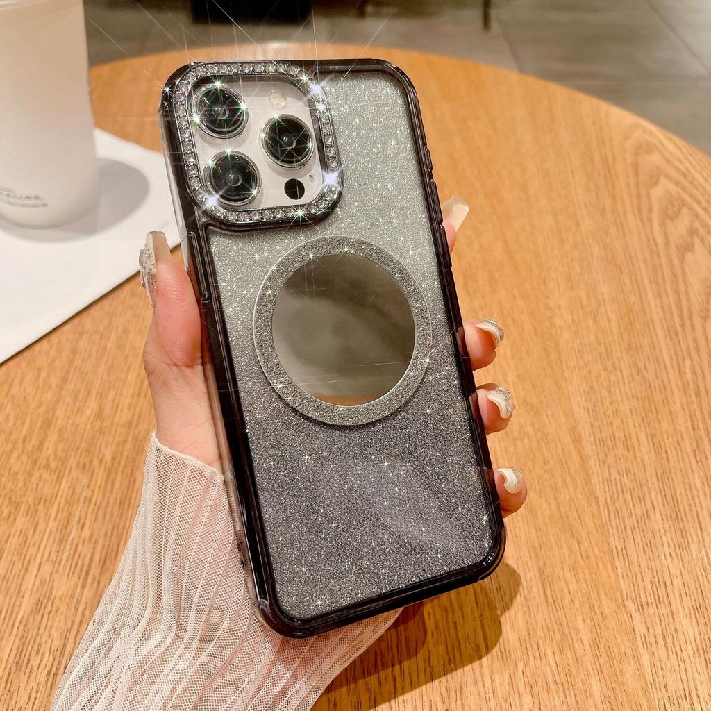 Luxurious Water Diamond Is Suitable for IPhone15 Phone Cases, Apple 14Promax Mirror Magnetic Attraction 13 Gradient Glitter Hard Case