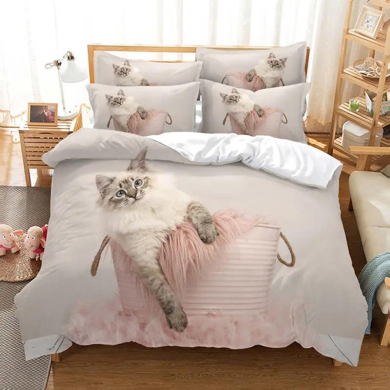 Cute Pet Cat 3D Printing Digital Three-Piece Quilt Cover Sheet Pillowcase Kit