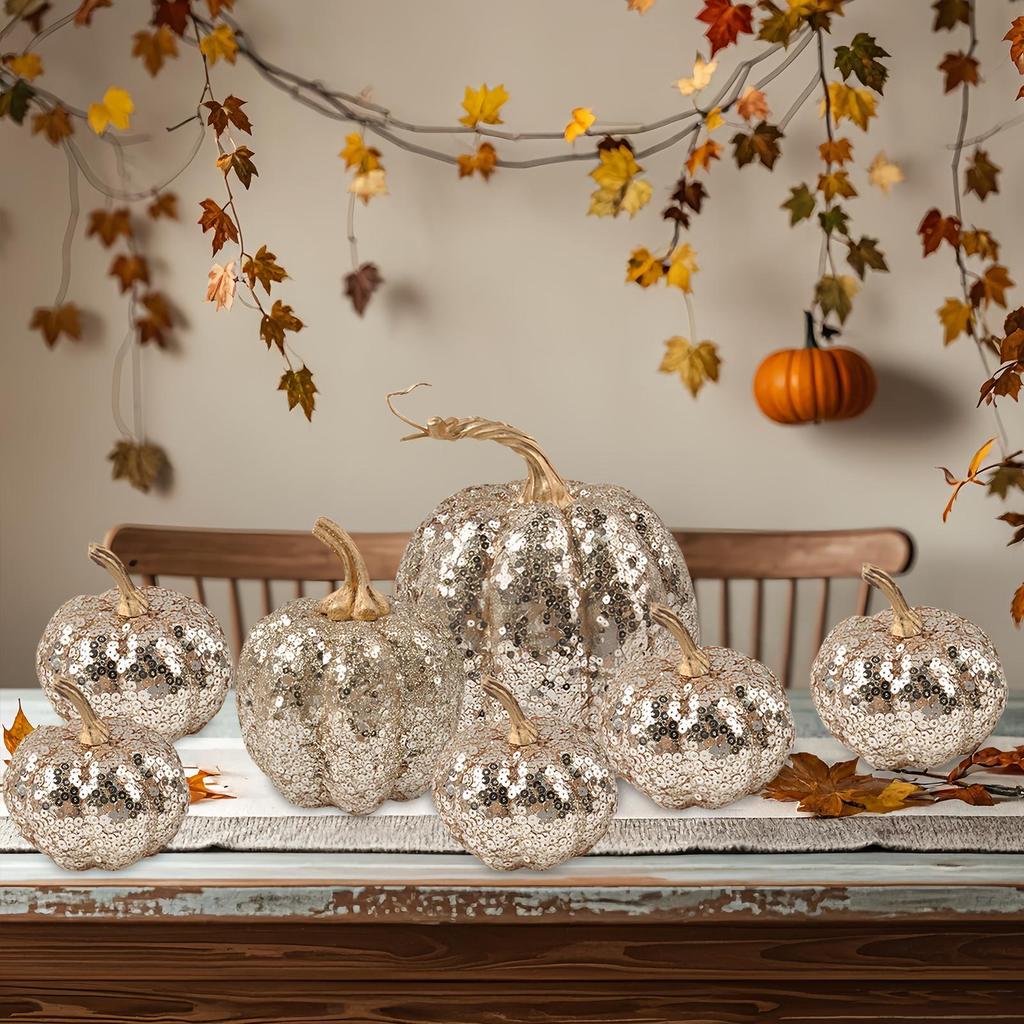 7pcs Artificial Pumpkins Sets Ornament Fake Simulation Pumpkins Halloween Thanksgiving Party Props Home Decoration