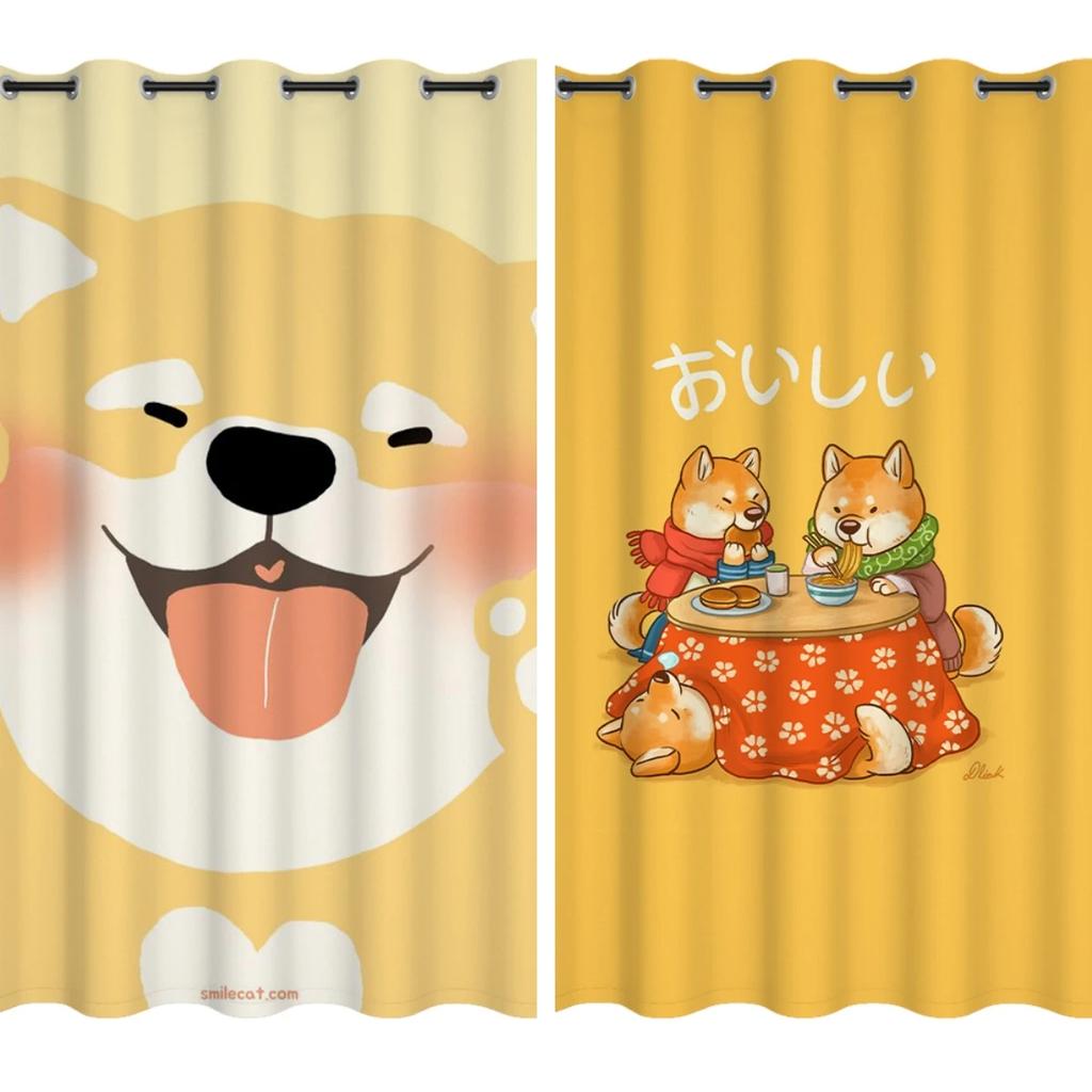 Cute Cartoon Shiba Inu Floor-to-ceiling Window Bay Window Curtains for Children's Bedroom Room High Blackout Curtain Punch Hook