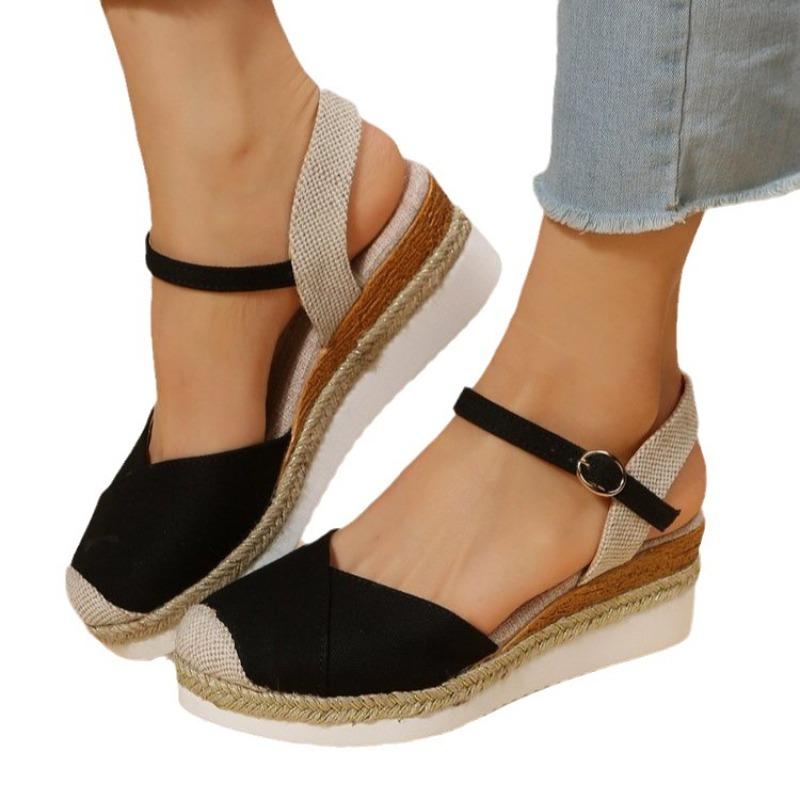 New Fashion Plus Size Women's Closed Toe Wedge Heel Thick Sole Hemp Splicing Roman Sandals