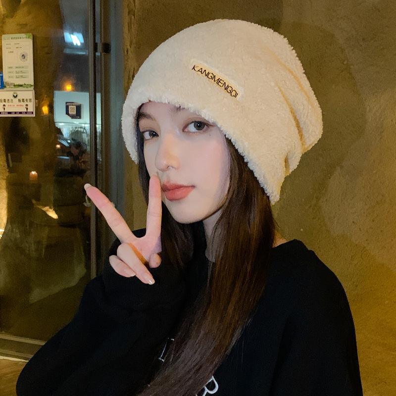 Women's Plush Black Knit Hat - Versatile for Spring and Autumn, Large Head Circumference, Stylish and Warm for Winter.