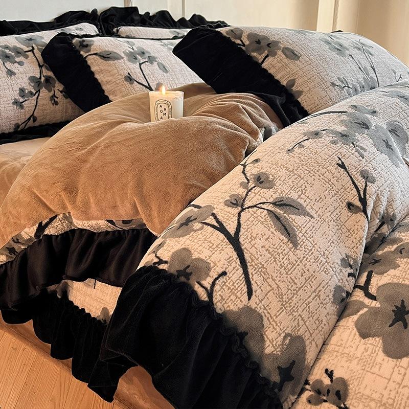 French Lace Thickened Milk Fleece Bed Four-Piece Set Double-Sided Fleece Quilt Cover Coral Fleece Princess Style Bed Sheet