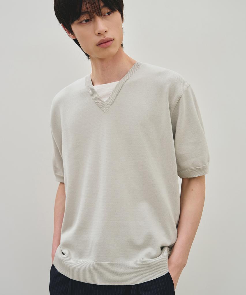 ROTEMBER Washable Double Layered Crop Half V-Neck Knit [ 3 Colors ]