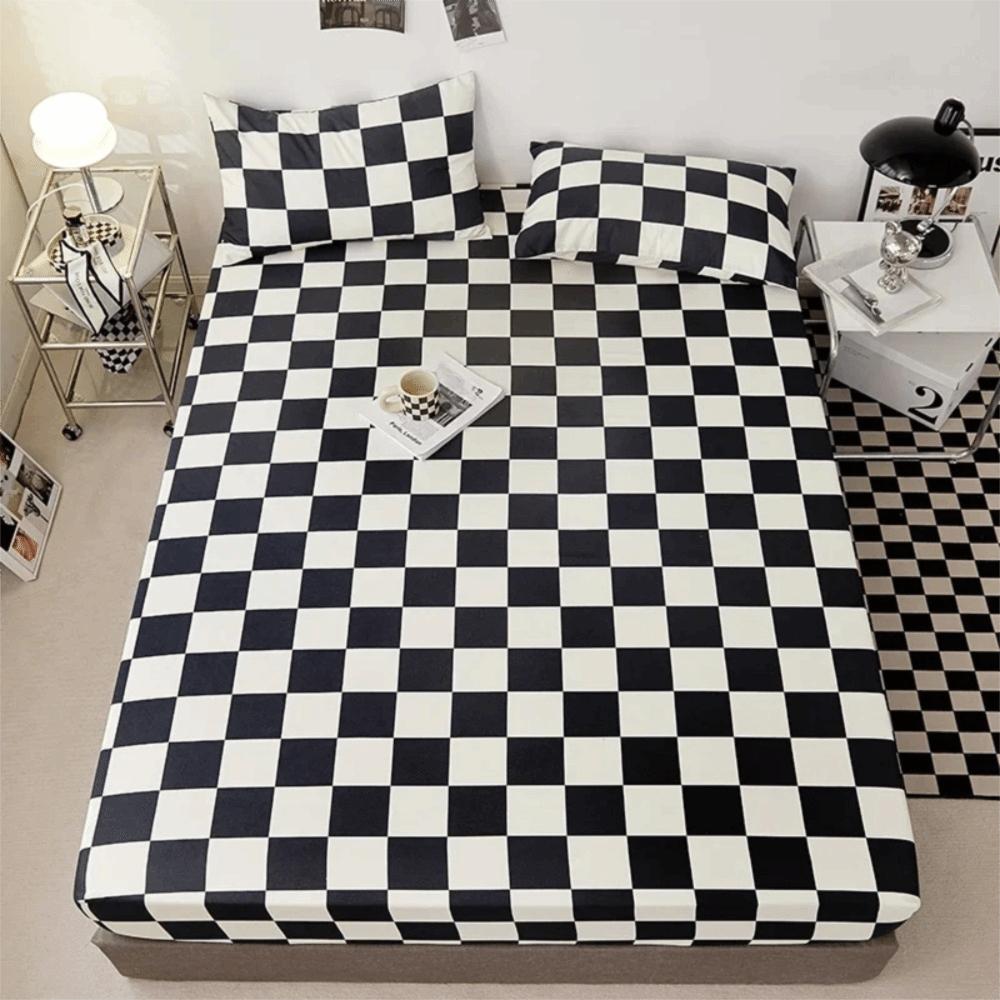 Checkered Pattern Fitted Bed Sheet All-inclusive Breathable Mattress Cover Elastic Band Washable Mattress Protector Bedroom