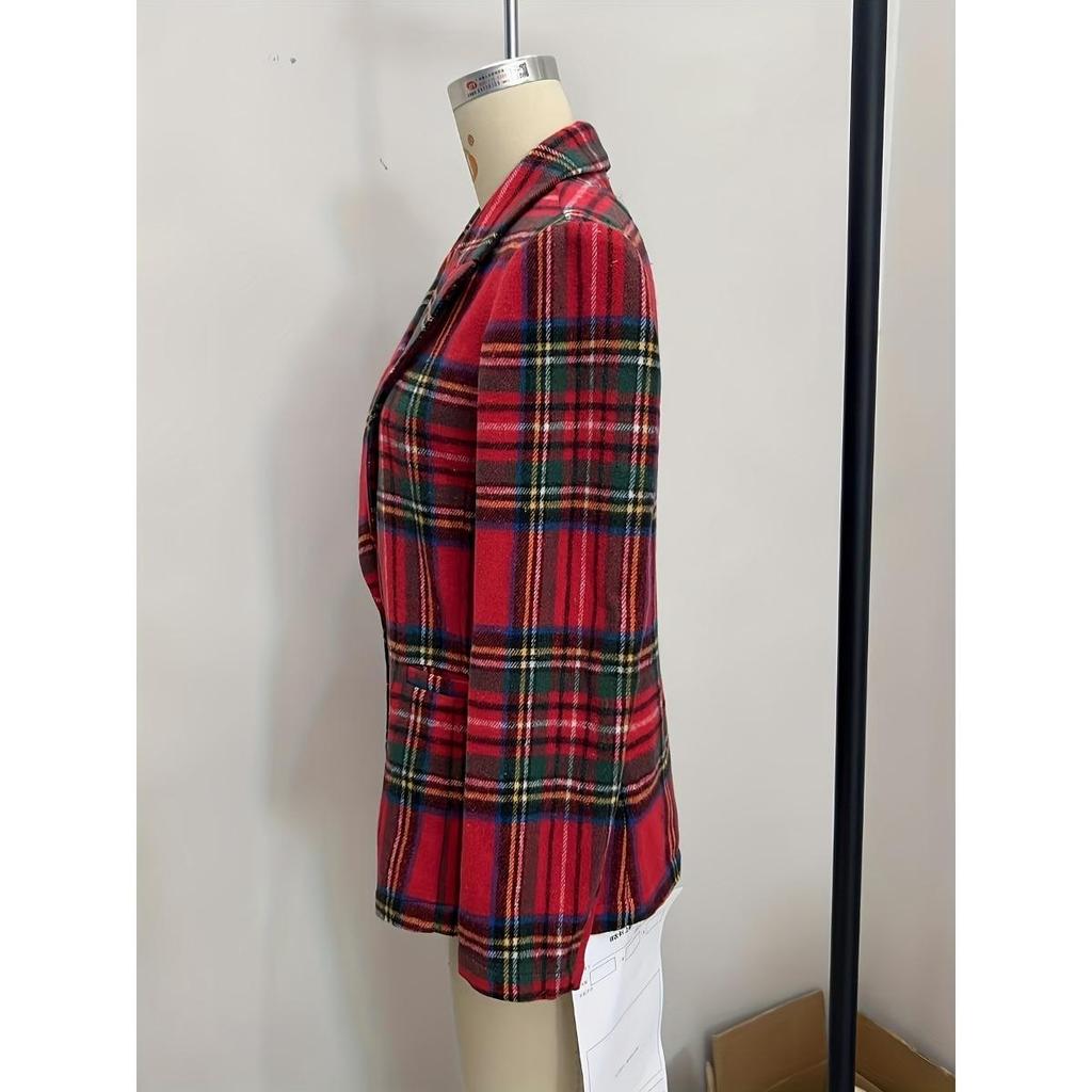 Winter Fall Christmas Red Plaid Long Sleeve Blazer Jacket Women's Fashion Outerwear