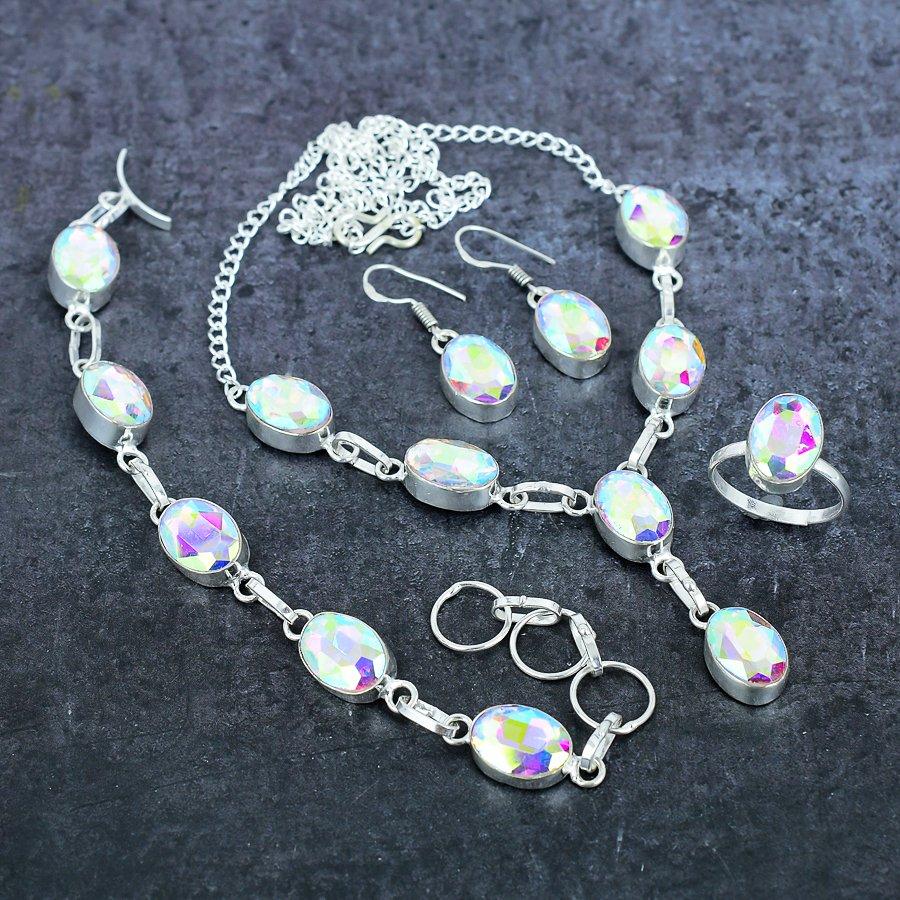 Mystic Rainbow Topaz Gemstone Handmade 925 Sterling Silver Jewelry Set E8p68