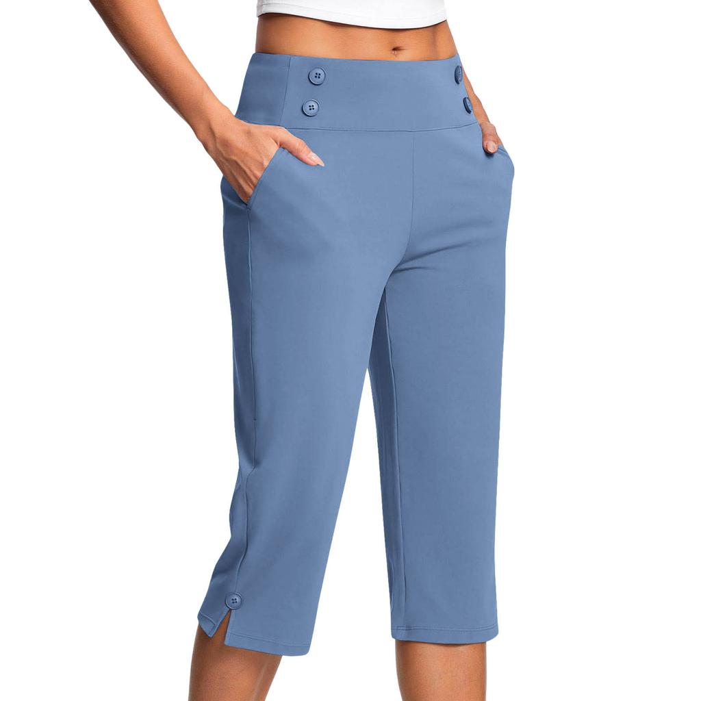 Women's Fashionable Solid Color Button Pocket Pants with Split Hems High Waist Sports Yoga Casual Cropped Pants