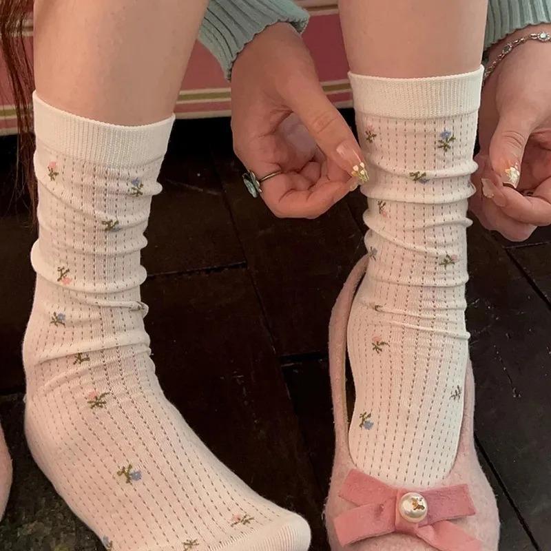 Spring Summer Thin Mesh Floral Socks Women Mid Calf Breathable Moisture Wicking Anti Odor Japanese Stacking Cotton Stockings