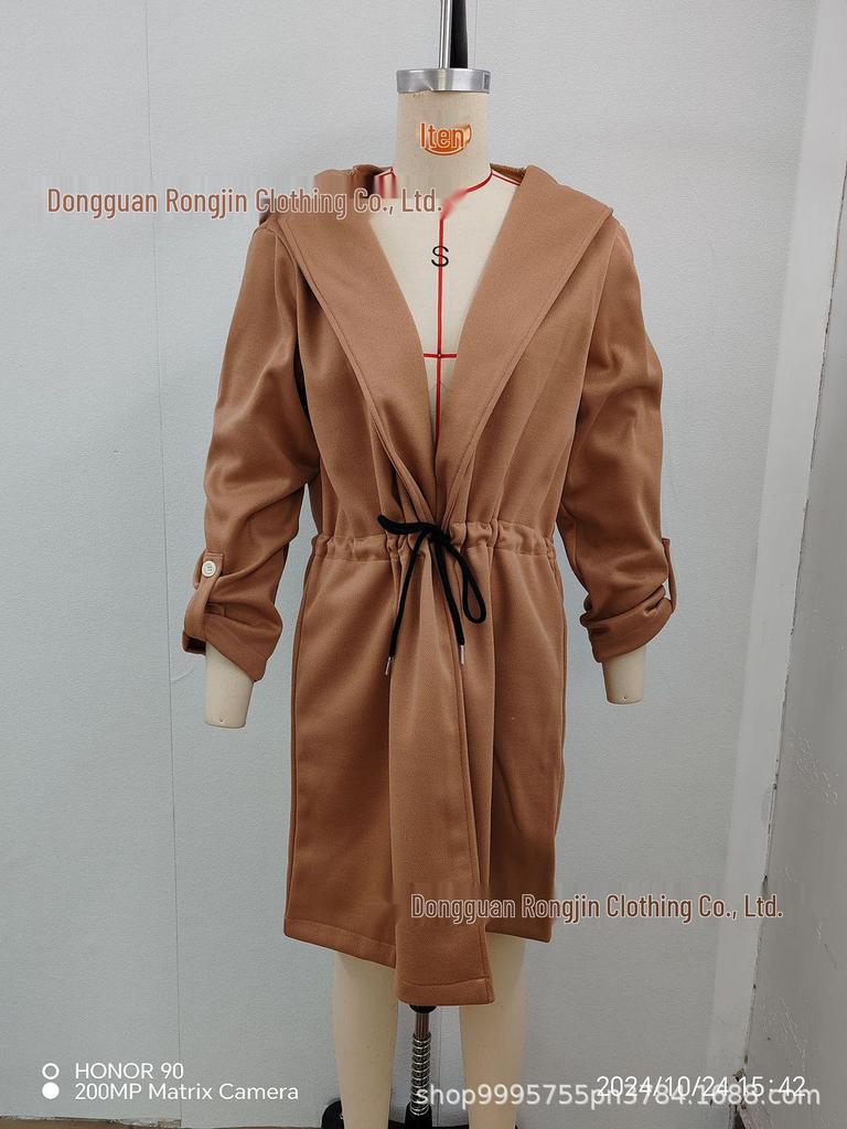 2025 Międzynarodowy Modny Damski Płaszcz Przejściowy z Kapturem i Klapami, Wiązany w Pasie - Casualowy, Długi Rękaw, Styl Jesienno-Zimowy