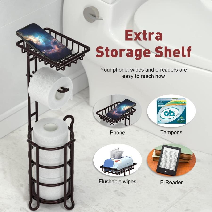 Toilet Paper Holder Stand Tissue Paper Roll Dispenser with Shelf for Bathroom Storage Holds Reserve Mega RollsBronze