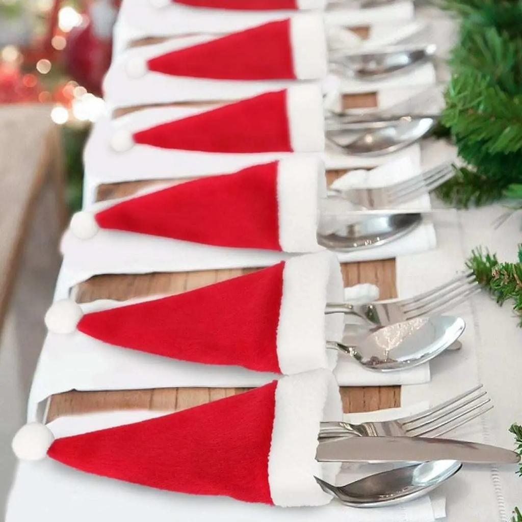 10pcs-Christmas Hat Gift Decorate Tableware Bag Knife and Fork Cover Home Decor Portable Merry Christmas Gift cap