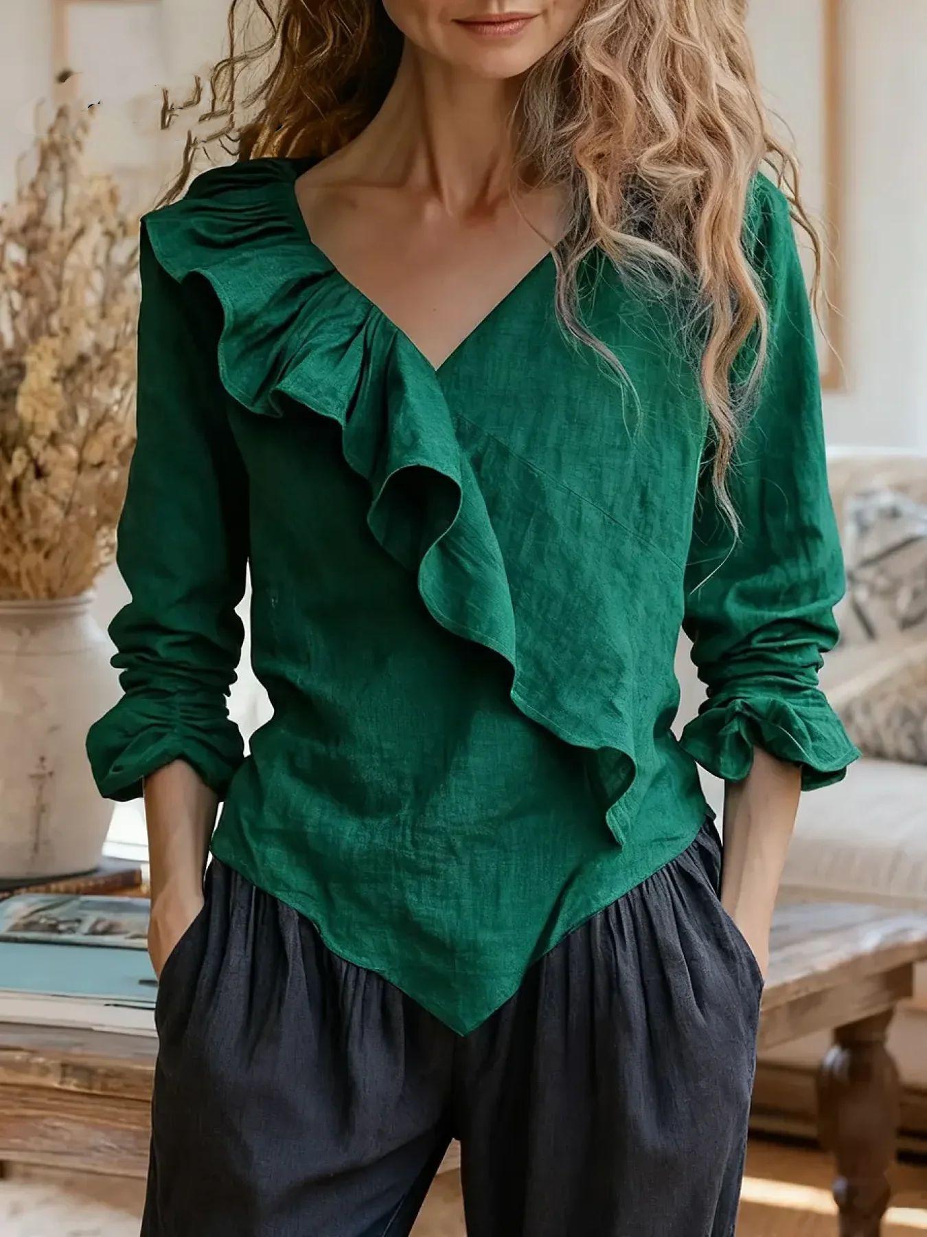 Women s Dark Green V-Neck Long Sleeve Blouse with Ruffle Trim S зелёный