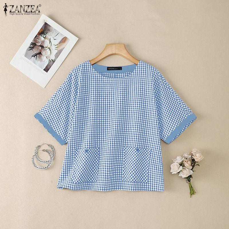 ZANZEA Damen Lässige Rundhals Kurzarm Karierte Print Bluse