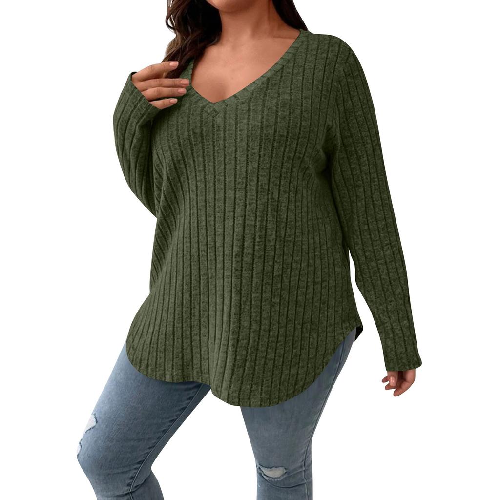 Women's And Winter Colour Plus Size Women's Tops V-Neck Long Sleeve Striped Milled Loose Pullover T-Shirt