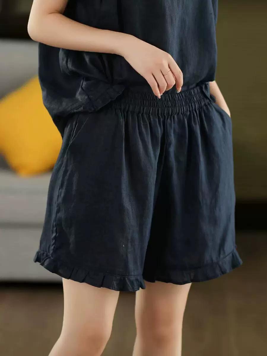 

Johnature Women Vintage Shorts Solid Color Summer Cloths Elastic Waist Loose Pockets Casual Shorts One Size темно-синий