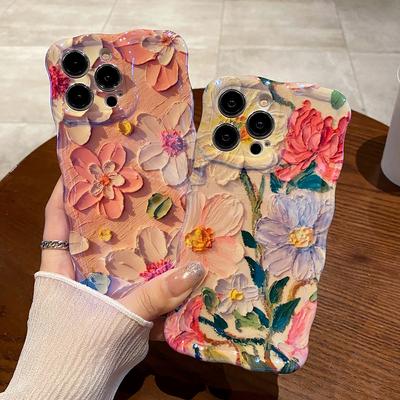 Para iphone 15 pro max 14promax pintura a óleo flores capa de telefone para iPhone 11 12 13 14 Pro Max 12promax macio IMD à prova de choque pára-choque ondulado moldura capa