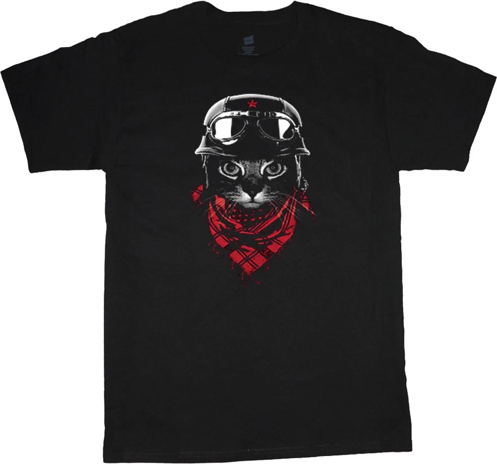 Cool cat hipster tee shirt Men s black cat tshirt helmet red bandanna hip kitty L