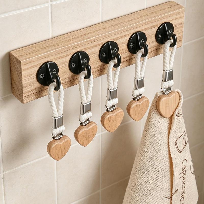 Bathroom Towel Clips Multipurpose Woven Rope Clothes Pegs Hat Organizer Holder Wood Heart Head Metal Clamp Storage Accessories