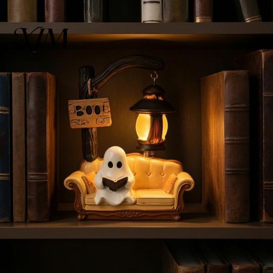 Decorative Resin Night Light Halloween Ghost Reading Book Lamp, Cute Figurine with Book, Small Mantelpiece Statue 3D Tabletop Statue, Spooky Decor for